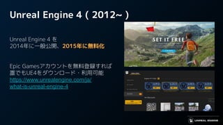 Unreal Engine 4 ( 2012~ )
Unreal Engine 4 を
2014年に一般公開、2015年に無料化
Epic Gamesアカウントを無料登録すれば
誰でもUE4をダウンロード・利用可能
https://www.unrealengine.com/ja/
what-is-unreal-engine-4
 