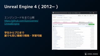 Unreal Engine 4 ( 2012~ )
エンジンコードを全て公開
https://github.com/EpicGames/
UnrealEngine
学生からプロまで
誰でも同じ環境で開発・学習可能
 