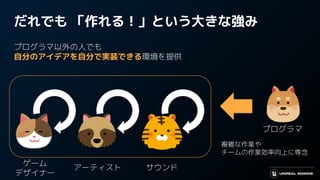 だれでも 「作れる！」という大きな強み
プログラマ以外の人でも
自分のアイデアを自分で実装できる環境を提供
複雑な作業や
チームの作業効率向上に専念
ゲーム
デザイナー
アーティスト サウンド
プログラマ
 