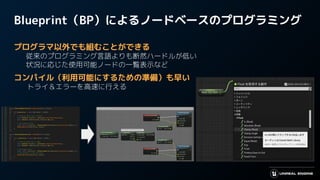 Blueprint（BP）によるノードベースのプログラミング
プログラマ以外でも組むことができる
従来のプログラミング言語よりも断然ハードルが低い
状況に応じた使用可能ノードの一覧表示など
コンパイル（利用可能にするための準備）も早い
　 トライ＆エラーを高速に行える
 