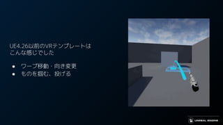 UE4.26以前のVRテンプレートは
こんな感じでした
● ワープ移動・向き変更
● ものを掴む、投げる
 