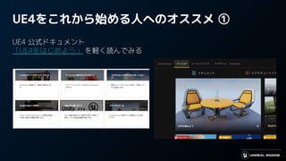UE4をこれから始める人へのオススメ ①
UE4 公式ドキュメント
「UE4をはじめよう」 を軽く読んでみる
 
