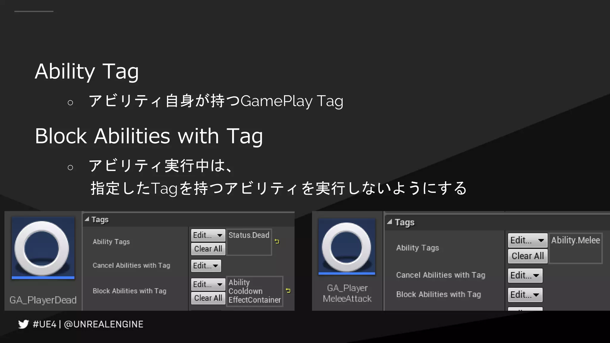 Ability Tag
○ アビリティ自身が持つGamePlay Tag
Block Abilities with Tag
○ アビリティ実行中は、
指定したTagを持つアビリティを実行しないようにする
 