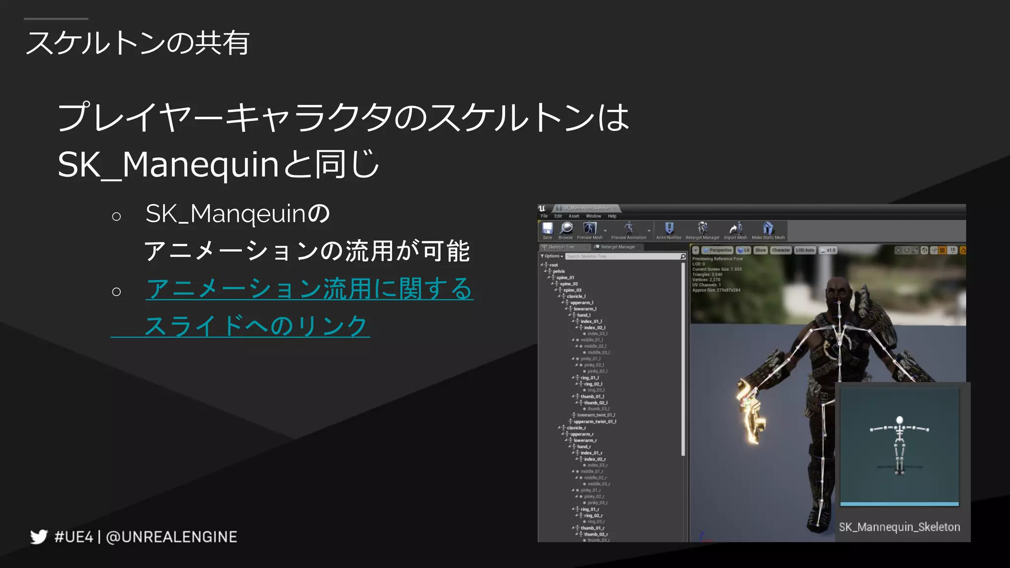 スケルトンの共有
プレイヤーキャラクタのスケルトンは
SK_Manequinと同じ
○ SK_Manqeuinの
アニメーションの流用が可能
○ アニメーション流用に関する
スライドへのリンク
 
