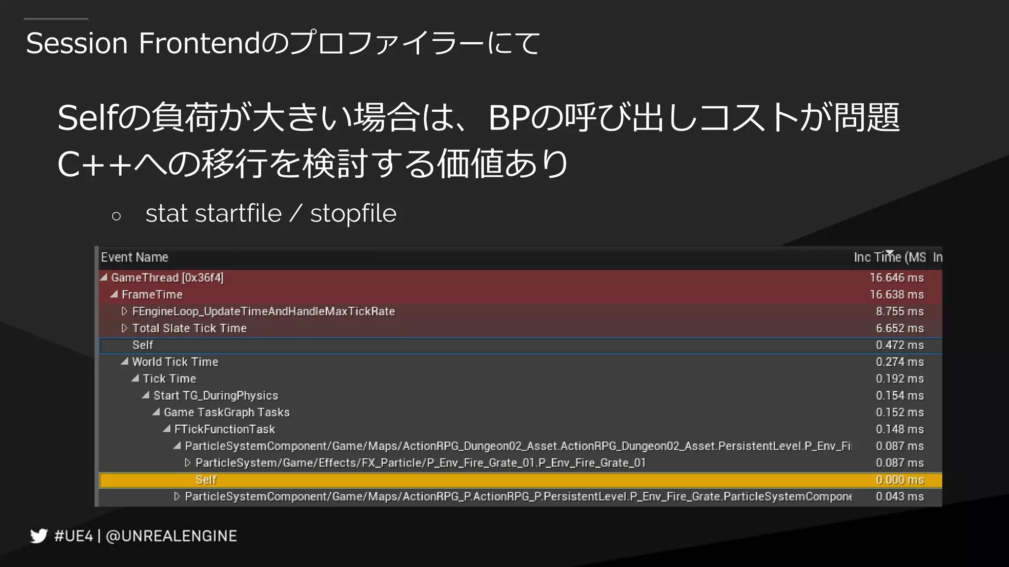 Session Frontendのプロファイラーにて
Selfの負荷が大きい場合は、BPの呼び出しコストが問題
C++への移行を検討する価値あり
○ stat startfile / stopfile
 