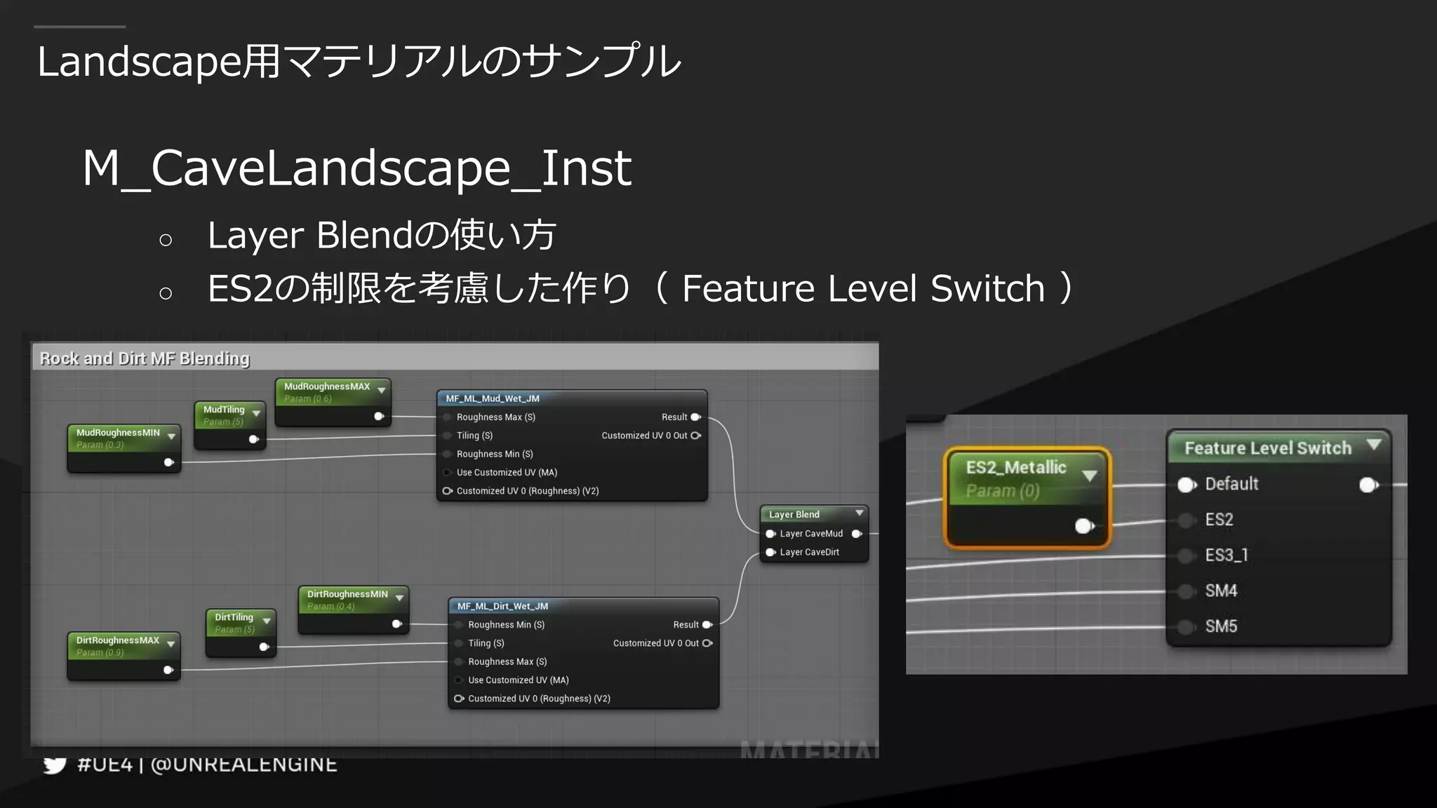 Landscape用マテリアルのサンプル
M_CaveLandscape_Inst
○ Layer Blendの使い方
○ ES2の制限を考慮した作り（ Feature Level Switch ）
 