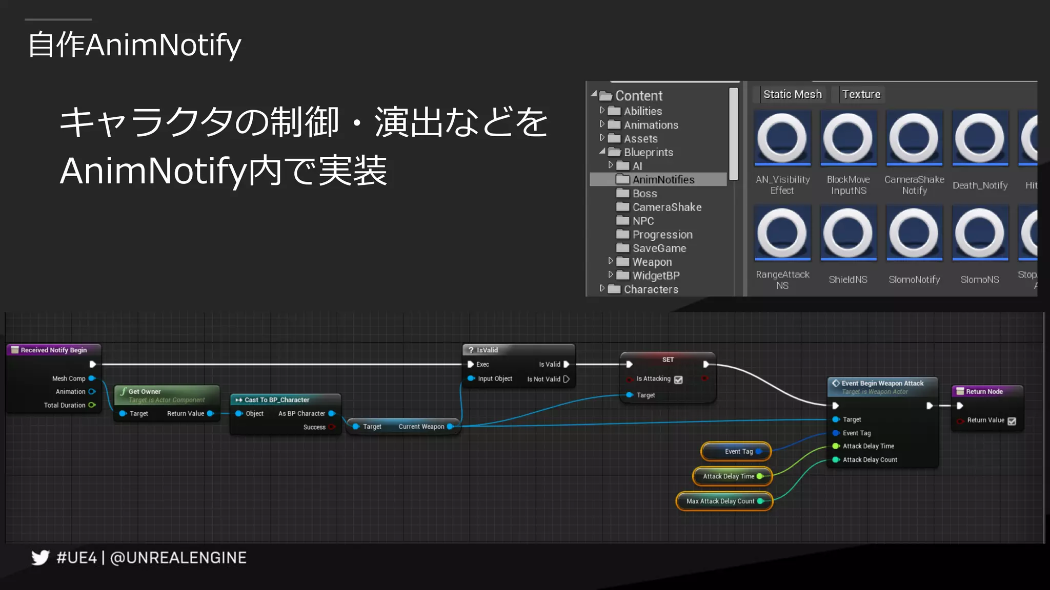 自作AnimNotify
キャラクタの制御・演出などを
AnimNotify内で実装
 