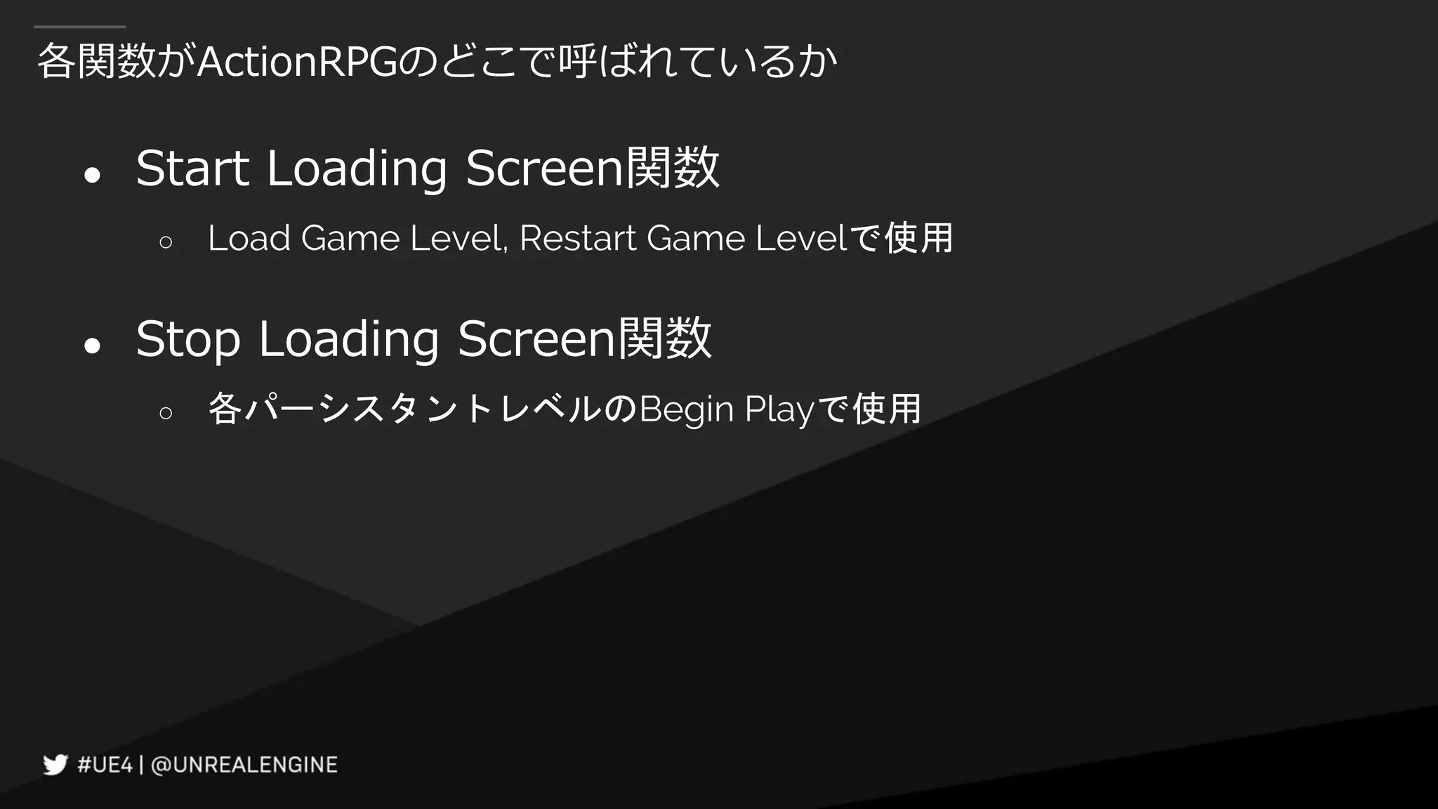 各関数がActionRPGのどこで呼ばれているか
● Start Loading Screen関数
○ Load Game Level, Restart Game Levelで使用
● Stop Loading Screen関数
○ 各パーシスタントレベルのBegin Playで使用
 