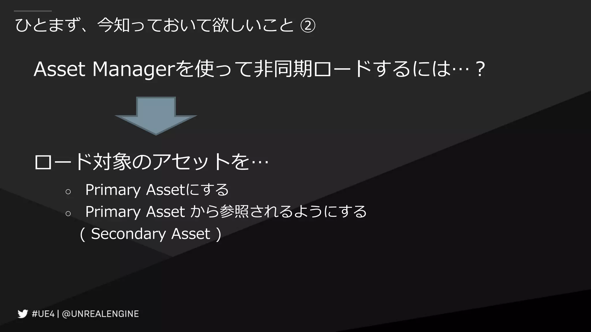 ひとまず、今知っておいて欲しいこと ②
Asset Managerを使って非同期ロードするには…？
ロード対象のアセットを…
○ Primary Assetにする
○ Primary Asset から参照されるようにする
( Secondary Asset )
 