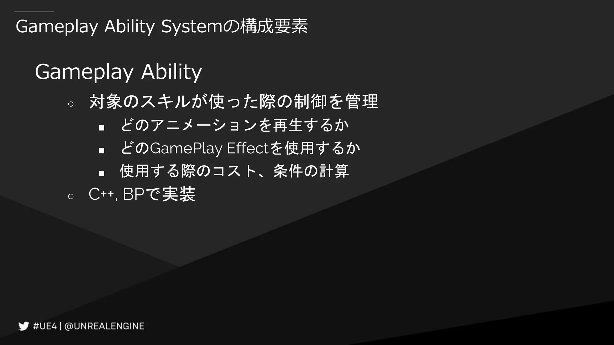 Gameplay Ability Systemの構成要素
Gameplay Ability
○ 対象のスキルが使った際の制御を管理
■ どのアニメーションを再生するか
■ どのGamePlay Effectを使用するか
■ 使用する際のコスト、条件の計算
○ C++, BPで実装
 