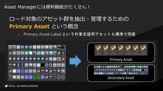 Asset Managerには便利機能がたくさん！
ロード対象のアセット群を抽出・管理するための
Primary Asset という概念
○ Primary Asset Label という作業支援用アセットも標準で用意
 