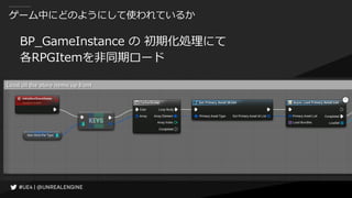 ゲーム中にどのようにして使われているか
BP_GameInstance の 初期化処理にて
各RPGItemを非同期ロード
 