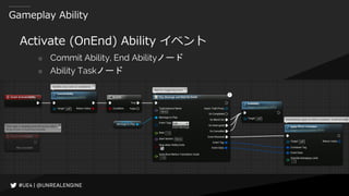Gameplay Ability
Activate (OnEnd) Ability イベント
○ Commit Ability, End Abilityノード
○ Ability Taskノード
 