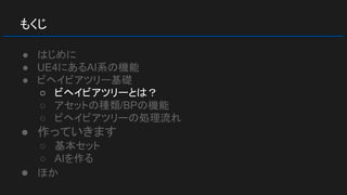 もくじ
● はじめに
● UE4にあるAI系の機能
● ビヘイビアツリー基礎
○ ビヘイビアツリーとは？
○ アセットの種類/BPの機能
○ ビヘイビアツリーの処理流れ
● 作っていきます
○ 基本セット
○ AIを作る
● ほか
 