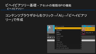 ビヘイビアツリー基礎 - アセットの種類/BPの機能
　ビヘイビアツリー
コンテンツブラウザから右クリック→「AI」→「ビヘイビアツ
リー」で作成
 