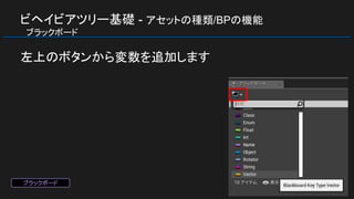 ビヘイビアツリー基礎 - アセットの種類/BPの機能
　ブラックボード
左上のボタンから変数を追加します
ブラックボード
 