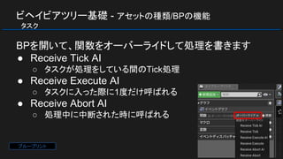 ビヘイビアツリー基礎 - アセットの種類/BPの機能
　タスク
BPを開いて、関数をオーバーライドして処理を書きます
● Receive Tick AI
○ タスクが処理をしている間のTick処理
● Receive Execute AI
○ タスクに入った際に1度だけ呼ばれる
● Receive Abort AI
○ 処理中に中断された時に呼ばれる
ブループリント
 