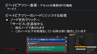 ビヘイビアツリー基礎 - アセットの種類/BPの機能
　サービス
ビヘイビアツリーのノードにくっつける処理
● ノードを右クリック→
「サービス」を追加から
○ 緑のノードで表されます
○ このノード以下の処理をしている時は常に動作しています
ビヘイビアツリー
 