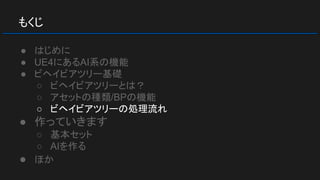 もくじ
● はじめに
● UE4にあるAI系の機能
● ビヘイビアツリー基礎
○ ビヘイビアツリーとは？
○ アセットの種類/BPの機能
○ ビヘイビアツリーの処理流れ
● 作っていきます
○ 基本セット
○ AIを作る
● ほか
 