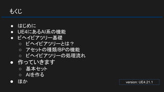 もくじ
● はじめに
● UE4にあるAI系の機能
● ビヘイビアツリー基礎
○ ビヘイビアツリーとは？
○ アセットの種類/BPの機能
○ ビヘイビアツリーの処理流れ
● 作っていきます
○ 基本セット
○ AIを作る
● ほか version: UE4.21.1
 