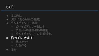 もくじ
● はじめに
● UE4にあるAI系の機能
● ビヘイビアツリー基礎
○ ビヘイビアツリーとは？
○ アセットの種類/BPの機能
○ ビヘイビアツリーの処理流れ
● 作っていきます
○ 基本セット
○ AIを作る
● ほか
 