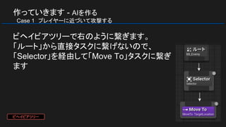 作っていきます - AIを作る
　Case 1　プレイヤーに近づいて攻撃する
ビヘイビアツリーで右のように繋ぎます。
「ルート」から直接タスクに繋げないので、
「Selector」を経由して「Move To」タスクに繋ぎ
ます
ビヘイビアツリー
 