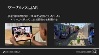 #UE4AllStudy
マーカレス型AR
事前情報の登録・準備を必要としないAR
• マーカの代わりに自然特徴点を利用する
 