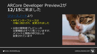 #UE4AllStudy
ARCore Developer Preview2が
12/15に来ました
リリースノートより
• APIインターフェースは
大幅に改訂され、変更されました
• 以前の開発者プレビューの
主要機能はすべて残っていますが、
メソッドと関数の呼び出しは
変更されています
 