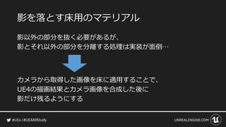 #UE4AllStudy
影を落とす床用のマテリアル
影以外の部分を抜く必要があるが、
影とそれ以外の部分を分離する処理は実装が面倒…
カメラから取得した画像を床に適用することで、
UE4の描画結果とカメラ画像を合成した後に
影だけ残るようにする
 
