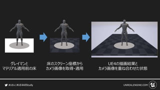 #UE4AllStudy
床のスクリーン座標から
カメラ画像を取得・適用
UE4の描画結果と
カメラ画像を重ね合わせた状態
グレイマンと
マテリアル適用前の床
 