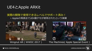 #UE4AllStudy
UE4とApple ARKit
実際の開発で使用できるレベルでサポート済み！
• Appleの発表会でUE4製デモが使用されたという実績
Wingnut AR ( WWDC 2017 ) The Machines( Apple Special Event )
 