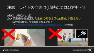 #UE4AllStudy
注意：ライトの向きは(現時点では)取得不可
ARKit, ARCore共に
カメラ画像から推定した全体の明るさ(float値)しか返さない
• SDK側の仕様。今後改善されるかも？
• ARKitはFaceTracking時は光源の方向も推定するらしい (未検証)
 