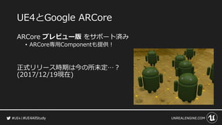 #UE4AllStudy
UE4とGoogle ARCore
ARCore プレビュー版 をサポート済み
• ARCore専用Componentも提供！
正式リリース時期は今の所未定…？
(2017/12/19現在)
 