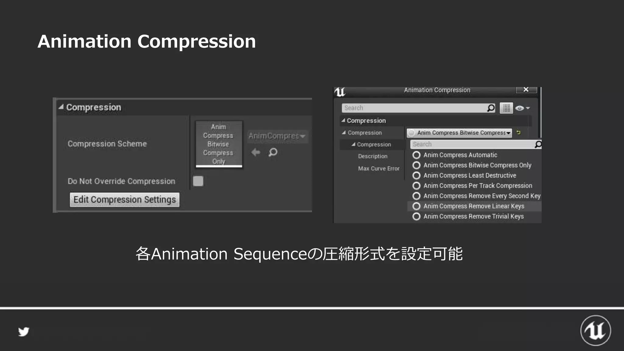Animation Compression
各Animation Sequenceの圧縮形式を設定可能
 