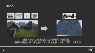 HLOD
複数メッシュをまとめたLODモデルを作成し、
遠景の場合はそのまとめたメッシュを使ってレンダリングする
 