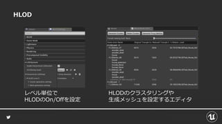 HLOD
レベル単位で
HLODのOn/Offを設定
HLODのクラスタリングや
生成メッシュを設定するエディタ
 