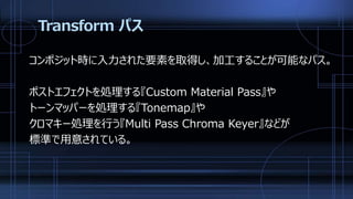 Transform パス
コンポジット時に入力された要素を取得し、加工することが可能なパス。
ポストエフェクトを処理する『Custom Material Pass』や
トーンマッパーを処理する『Tonemap』や
クロマキー処理を行う『Multi Pass Chroma Keyer』などが
標準で用意されている。
 