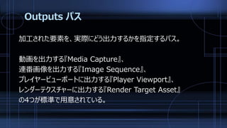 Outputs パス
加工された要素を、実際にどう出力するかを指定するパス。
動画を出力する『Media Capture』、
連番画像を出力する『Image Sequence』、
プレイヤービューポートに出力する『Player Viewport』、
レンダーテクスチャーに出力する『Render Target Asset』
の4つが標準で用意されている。
 