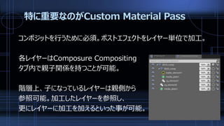 特に重要なのがCustom Material Pass
コンポジットを行うために必須。ポストエフェクトをレイヤー単位で加工。
各レイヤーはComposure Compositing
タブ内で親子関係を持つことが可能。
階層上、子になっているレイヤーは親側から
参照可能。加工したレイヤーを参照し、
更にレイヤーに加工を加えるといった事が可能。
 