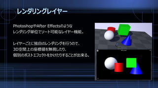 レンダリングレイヤー
PhotoshopやAfter Effectsのような
レンダリング単位でソート可能なレイヤー機能。
レイヤーごとに独自のレンダリングを行うので、
3D空間上の座標値を無視したり、
個別のポストエフェクトをかけたりすることが出来る。
 