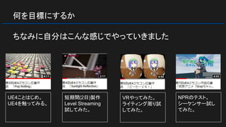 何を目標にするか
ちなみに自分はこんな感じでやっていきました
UE4ことはじめ。
UE4を触ってみる。
短期間(2日)製作
Level Streaming
試してみた。
VRやってみた。
ライティング周り試
してみた。
NPRのテスト。
シーケンサー試し
てみた。
 