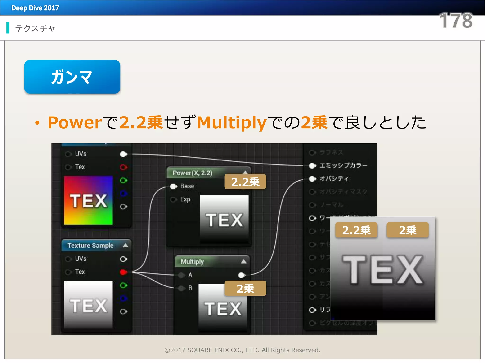 テクスチャ
©2017 SQUARE ENIX CO., LTD. All Rights Reserved.
• Powerで2.2乗せずMultiplyでの2乗で良しとした
2.2乗
2乗
2.2乗 2乗
ガンマ
 