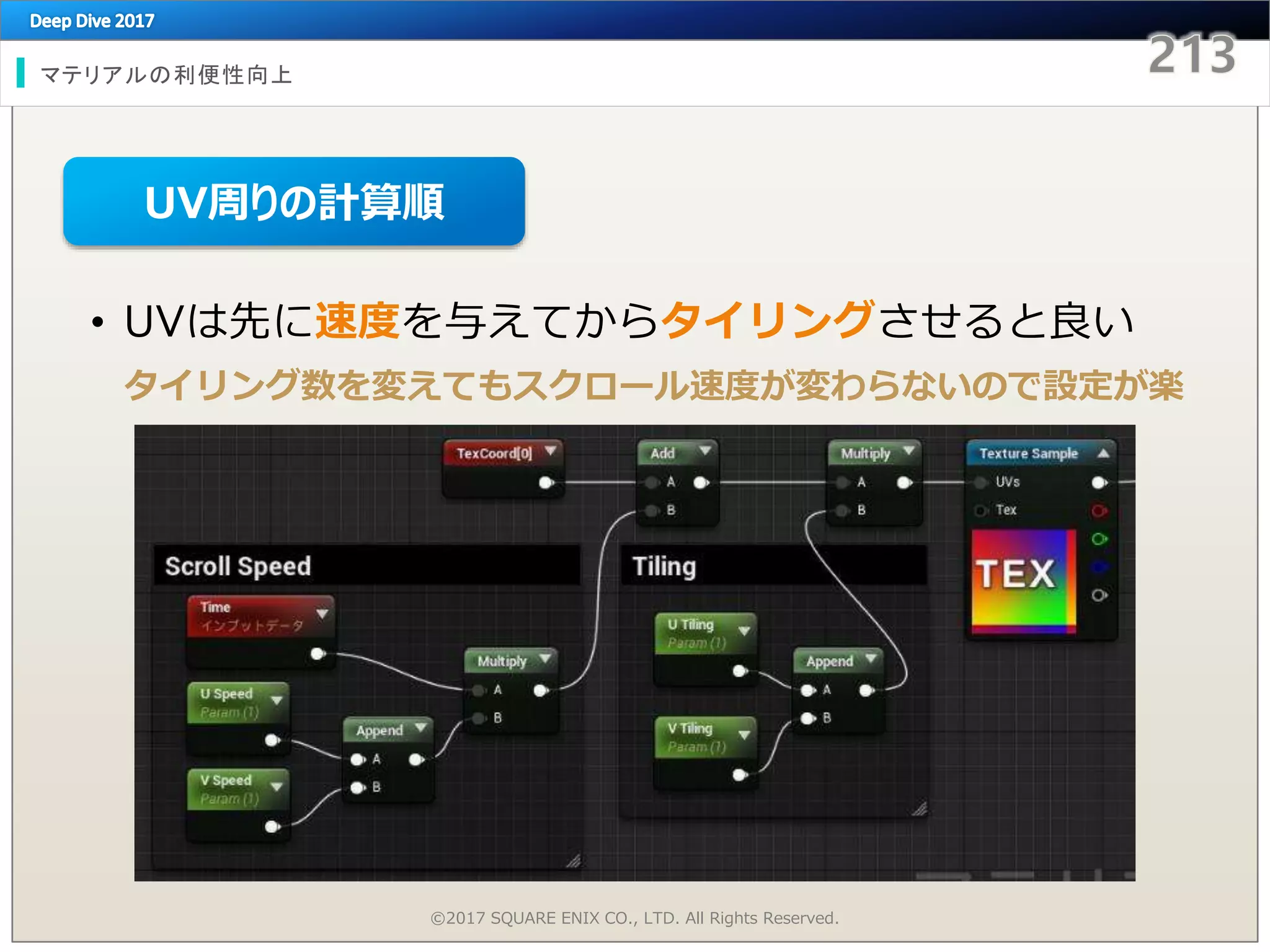 マテリアルの利便性向上
©2017 SQUARE ENIX CO., LTD. All Rights Reserved.
• UVは先に速度を与えてからタイリングさせると良い
タイリング数を変えてもスクロール速度が変わらないので設定が楽
UV周りの計算順
 