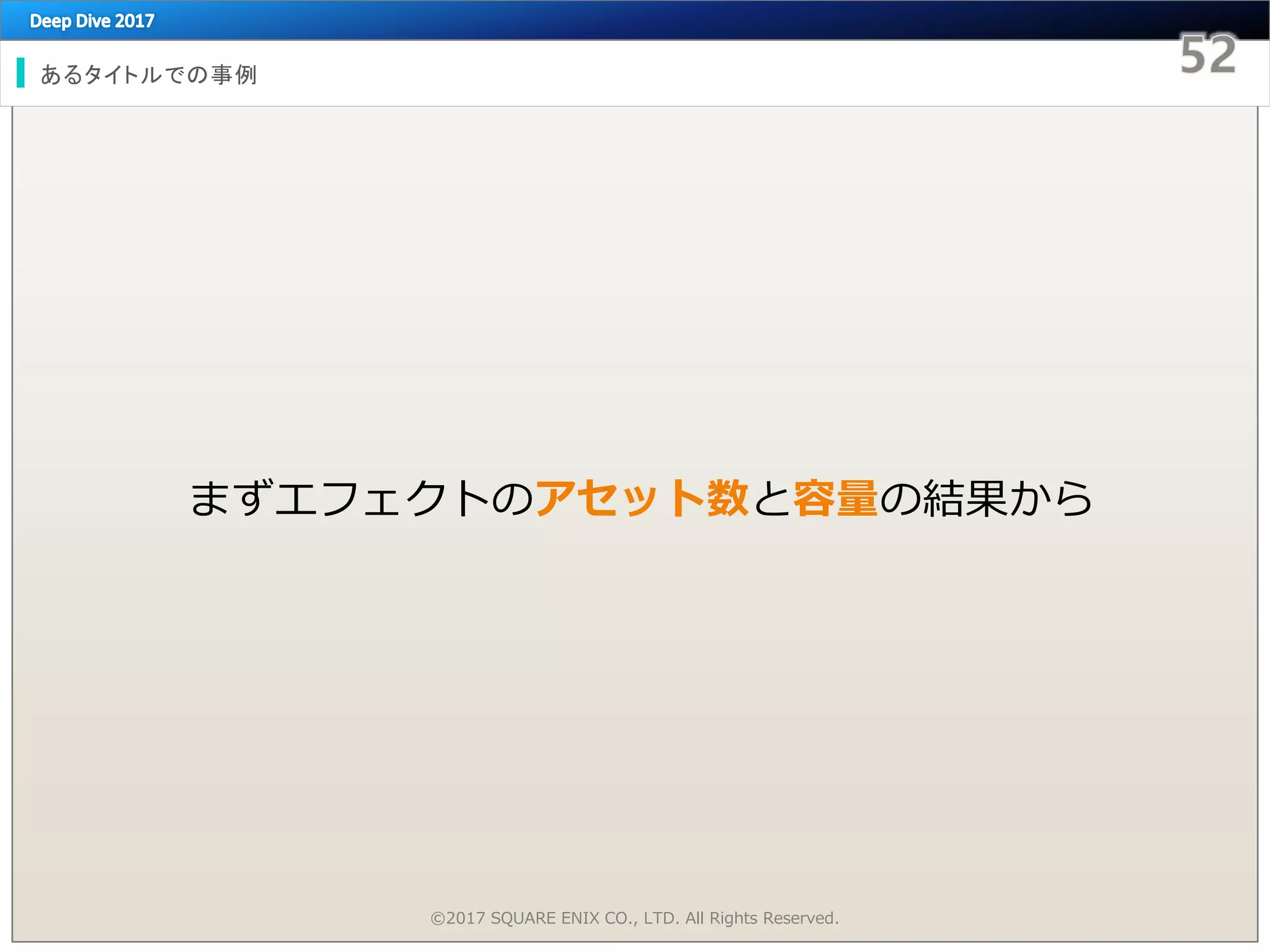 あるタイトルでの事例
©2017 SQUARE ENIX CO., LTD. All Rights Reserved.
まずエフェクトのアセット数と容量の結果から
 