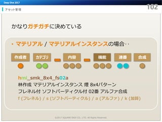 アセット管理
©2017 SQUARE ENIX CO., LTD. All Rights Reserved.
• マテリアル / マテリアルインスタンスの場合‥
かなりガチガチに決めている
作成者 カテゴリ 内容 連番
hmi_smk_8x4_fs02a
林作成 マテリアルインスタンス 煙 8x4パターン
フレネル付 ソフトパーティクル付 02番 アルファ合成
f (フレネル) / s (ソフトパーティクル) / a (アルファ) / k (加算)
機能 合成
 