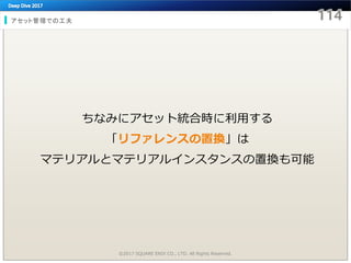 アセット管理での工夫
©2017 SQUARE ENIX CO., LTD. All Rights Reserved.
ちなみにアセット統合時に利用する
「リファレンスの置換」は
マテリアルとマテリアルインスタンスの置換も可能
 