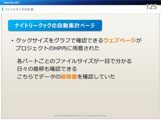 ファイルサイズの計測
©2017 SQUARE ENIX CO., LTD. All Rights Reserved.
• クックサイズをグラフで確認できるウェブページが
プロジェクトのHP内に用意された
各パートごとのファイルサイズが一目で分かる
日々の推移も確認できる
こちらでデータの総容量を確認していた
ナイトリークックの自動集計ページ
 