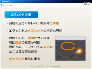 チェック環境
©2017 SQUARE ENIX CO., LTD. All Rights Reserved.
• 台座に近付くかレベル開始時に再生
• エフェクトのオフセットの指定も可能
• 台座を中心に周回させる機能
周回速度の指定が可能
周回方向にエフェクトの向きを
合わせる設定もある
• チェックで非常に重宝
エフェクト台座
 