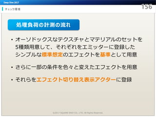 チェック環境
©2017 SQUARE ENIX CO., LTD. All Rights Reserved.
• オーソドックスなテクスチャとマテリアルのセットを
5種類用意して、それぞれをエミッターに登録した
シンプルな標準想定のエフェクトを基準として用意
• さらに一部の条件を色々と変えたエフェクトを用意
• それらをエフェクト切り替え表示アクターに登録
処理負荷の計測の流れ
 