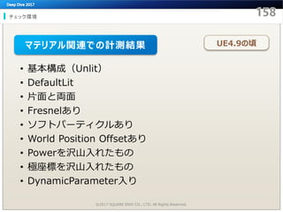 チェック環境
©2017 SQUARE ENIX CO., LTD. All Rights Reserved.
• 基本構成（Unlit）
• DefaultLit
• 片面と両面
• Fresnelあり
• ソフトパーティクルあり
• World Position Offsetあり
• Powerを沢山入れたもの
• 極座標を沢山入れたもの
• DynamicParameter入り
マテリアル関連での計測結果 UE4.9の頃
 